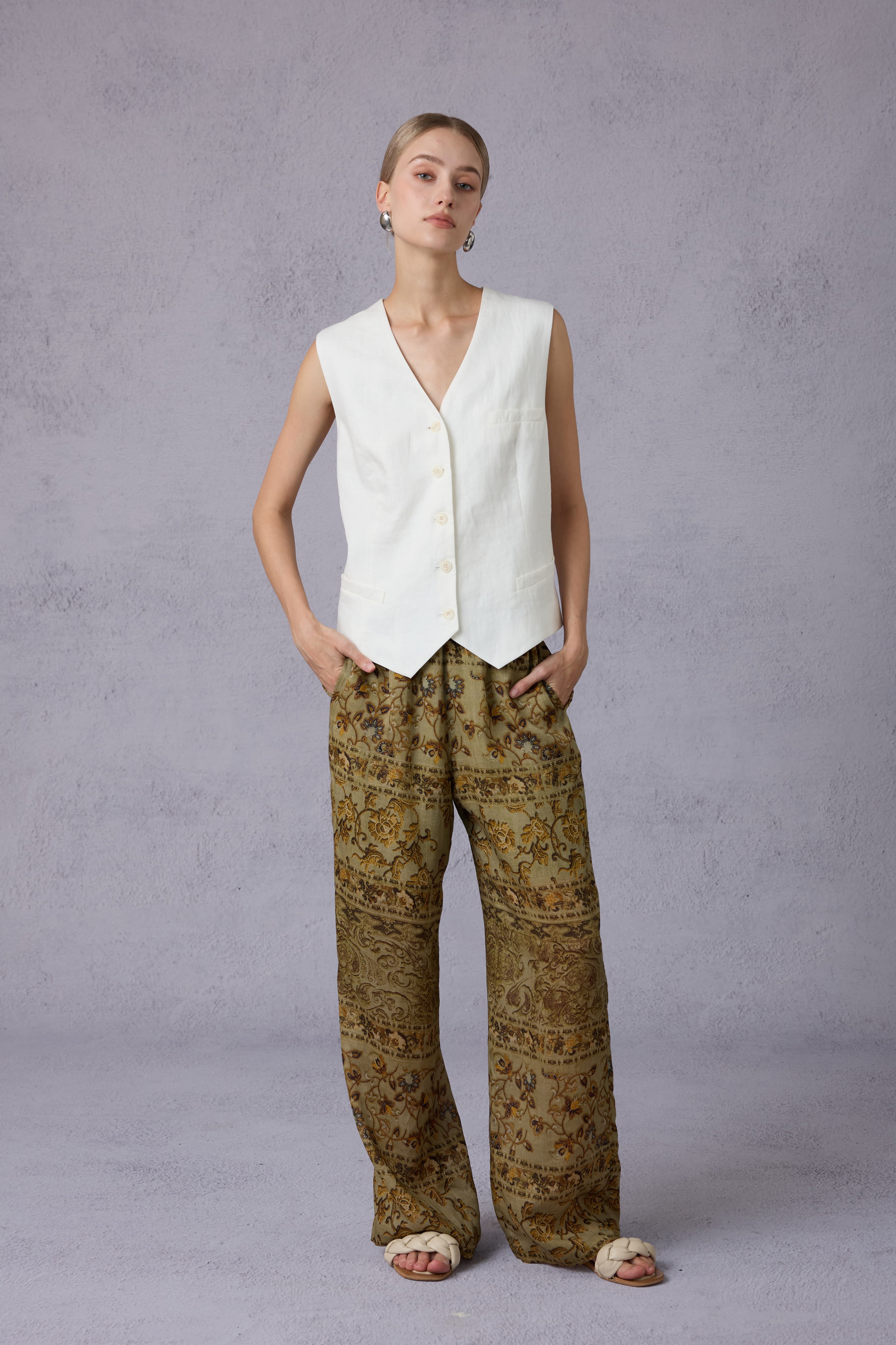 Pure White V-Neck Linen Vest & Moss Green Retro Printed Wide-Leg Pants Set