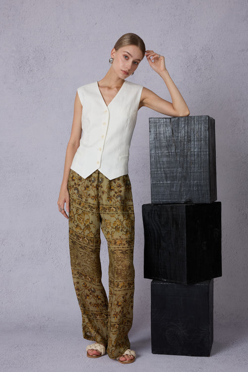 Pure White V-Neck Linen Vest & Moss Green Retro Printed Wide-Leg Pants Set