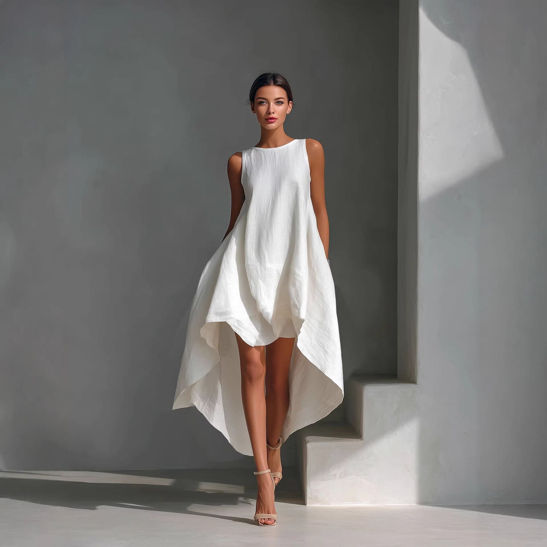 Spring Irregular High Low Hem Sleeveless Dress Women Holiday Outfit