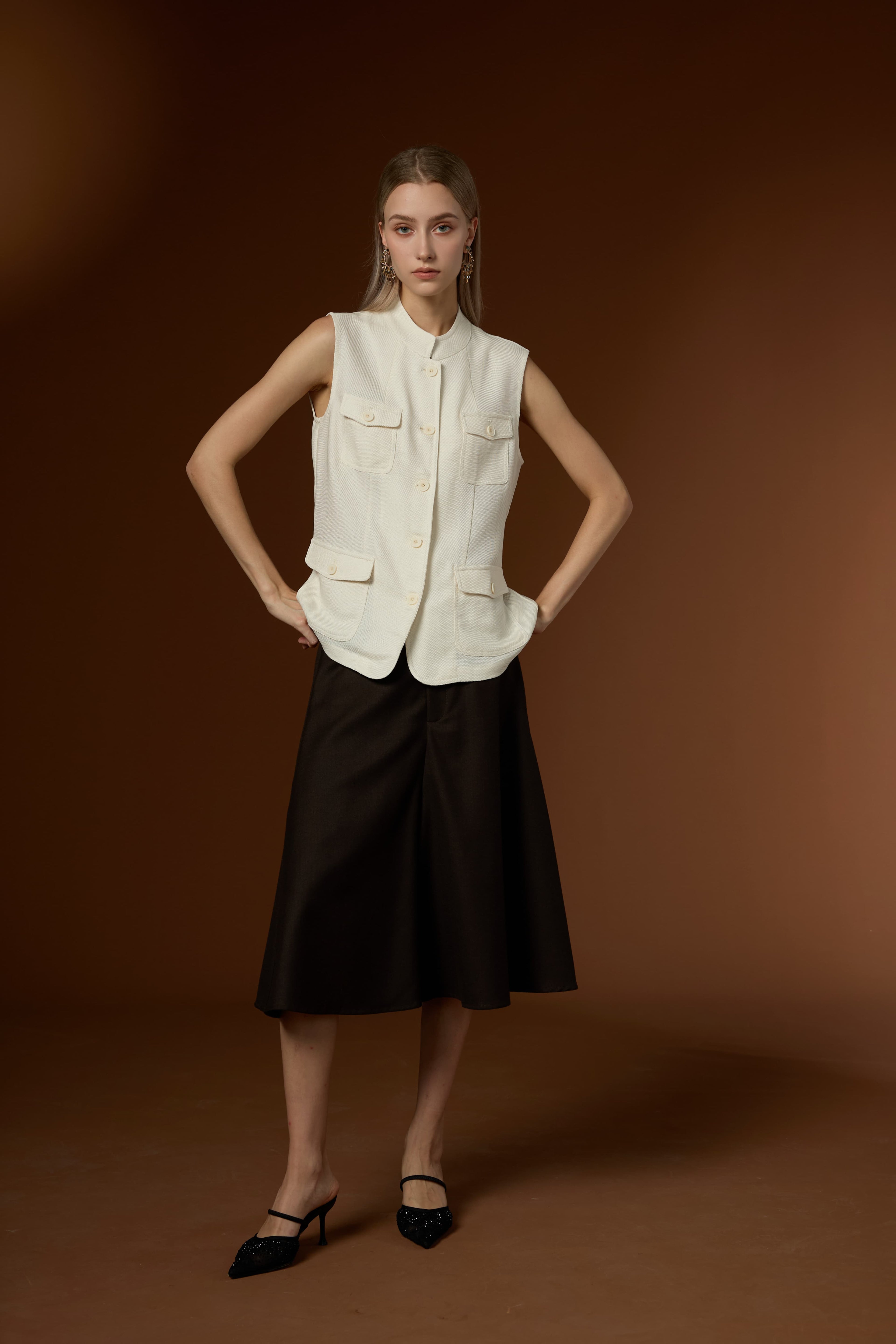 Fresh Minimal Crew Neck Linen Lyocell Vest & Worsted Wool Half Skirt Set