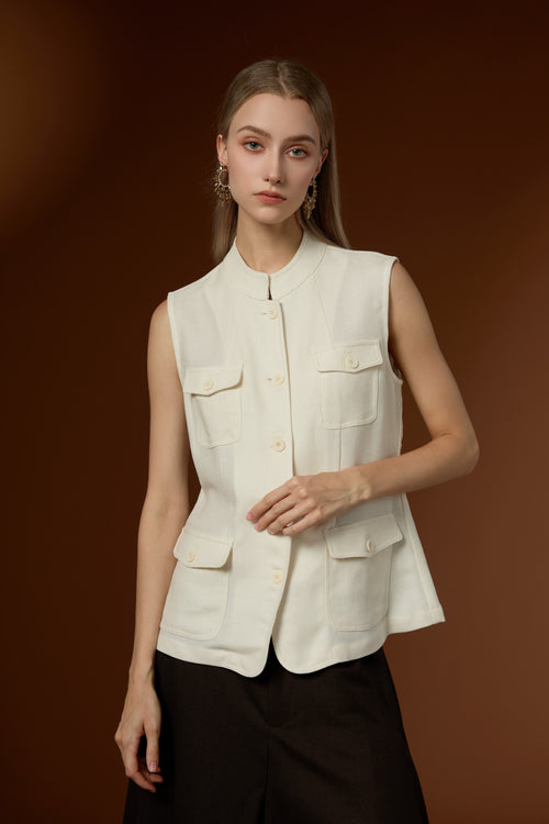 Fresh Minimal Crew Neck Linen Lyocell Vest & Worsted Wool Half Skirt Set