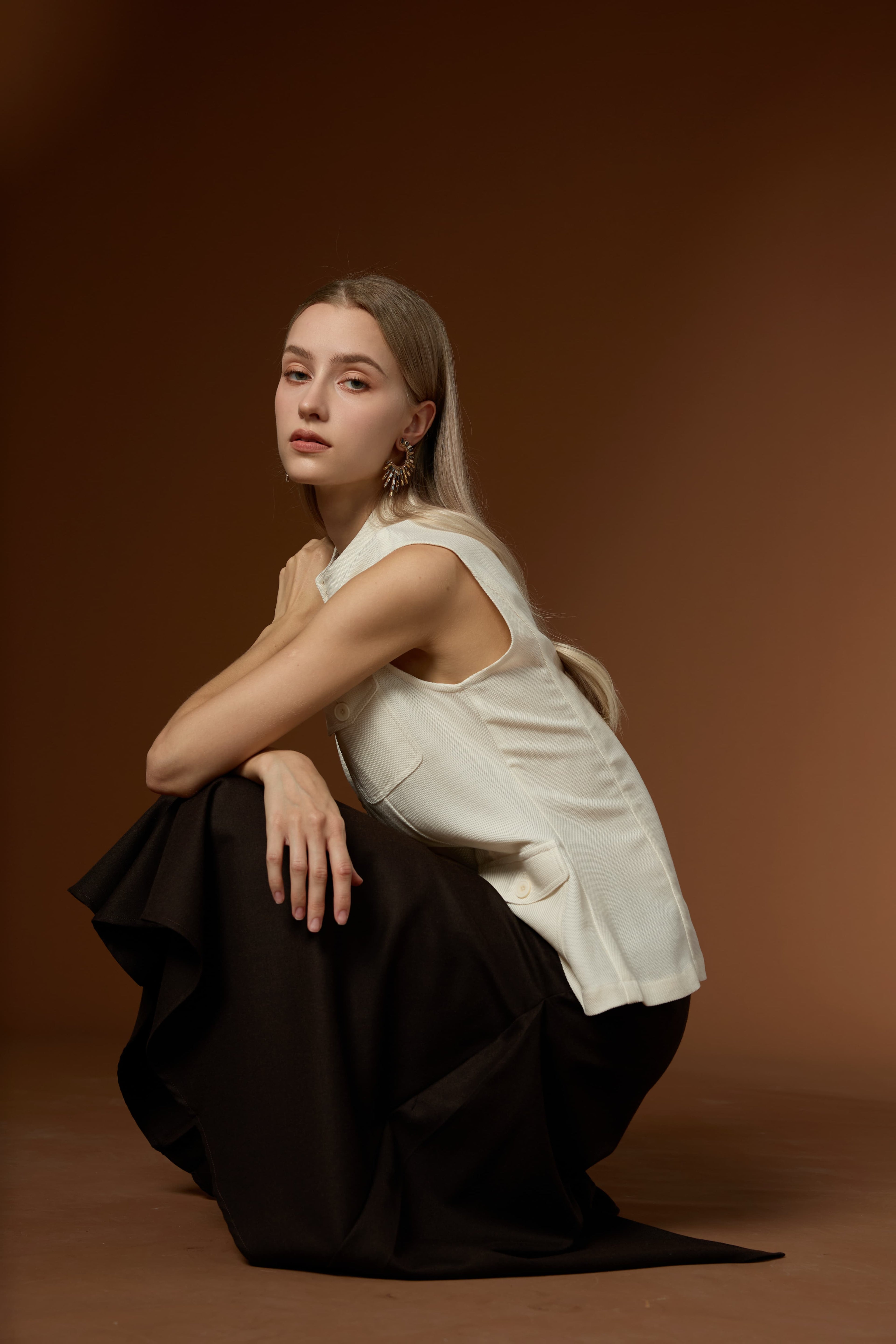 Fresh Minimal Crew Neck Linen Lyocell Vest & Worsted Wool Half Skirt Set