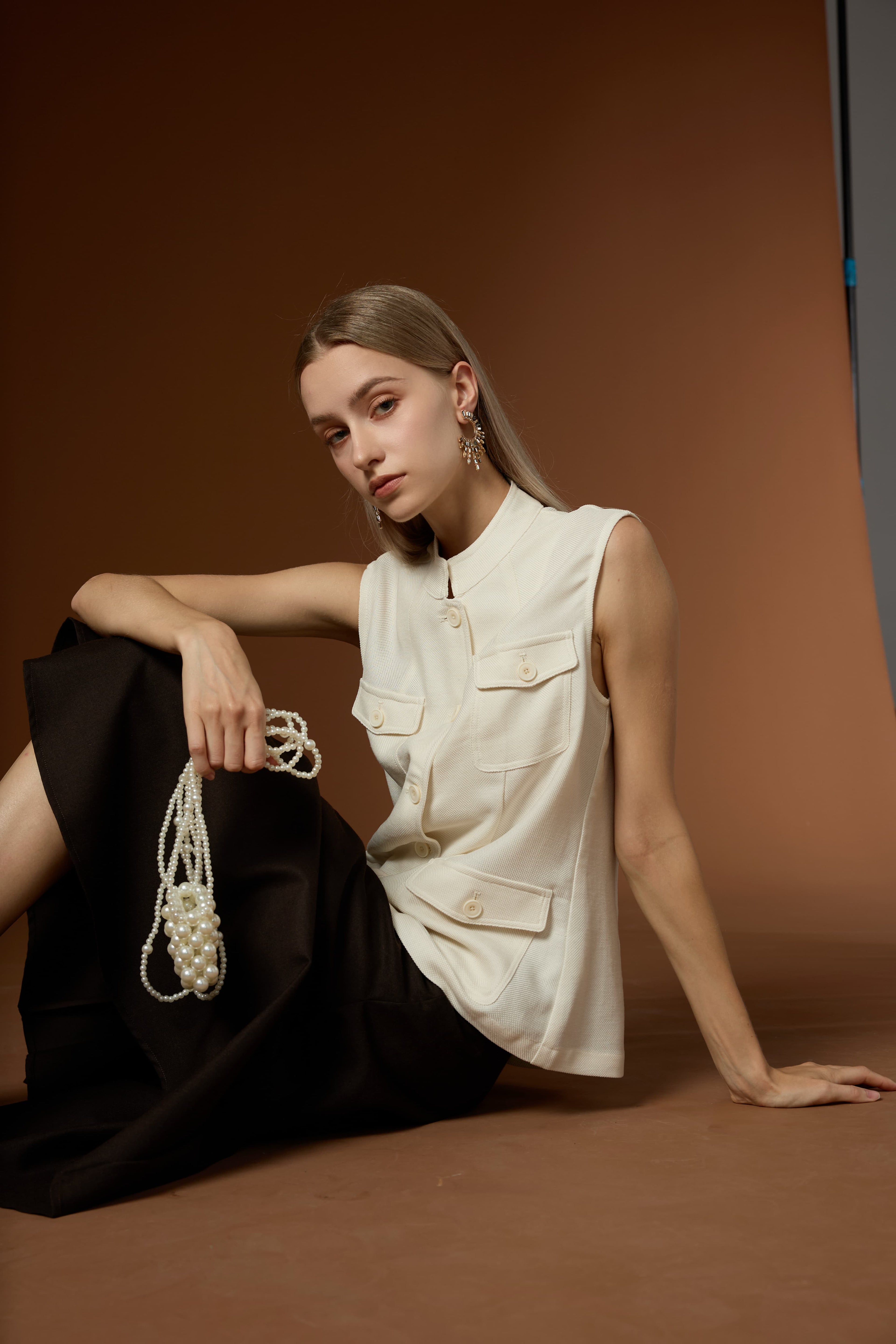 Fresh Minimal Crew Neck Linen Lyocell Vest & Worsted Wool Half Skirt Set