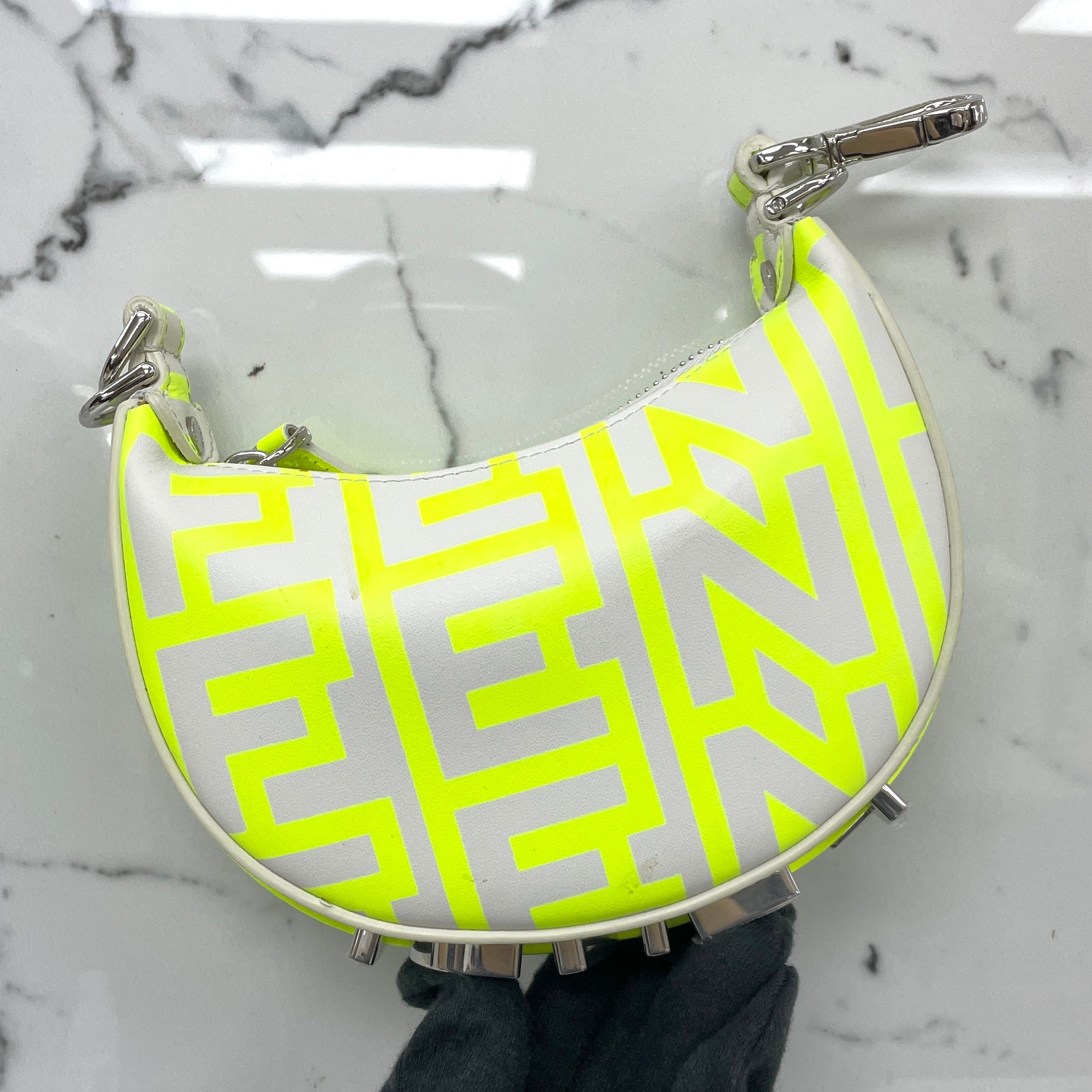 FENDI  X MARC JACOBS NEON YELLOW FENDIGRAPHY CLUTCH BAG PRINTED LEATHER NANO