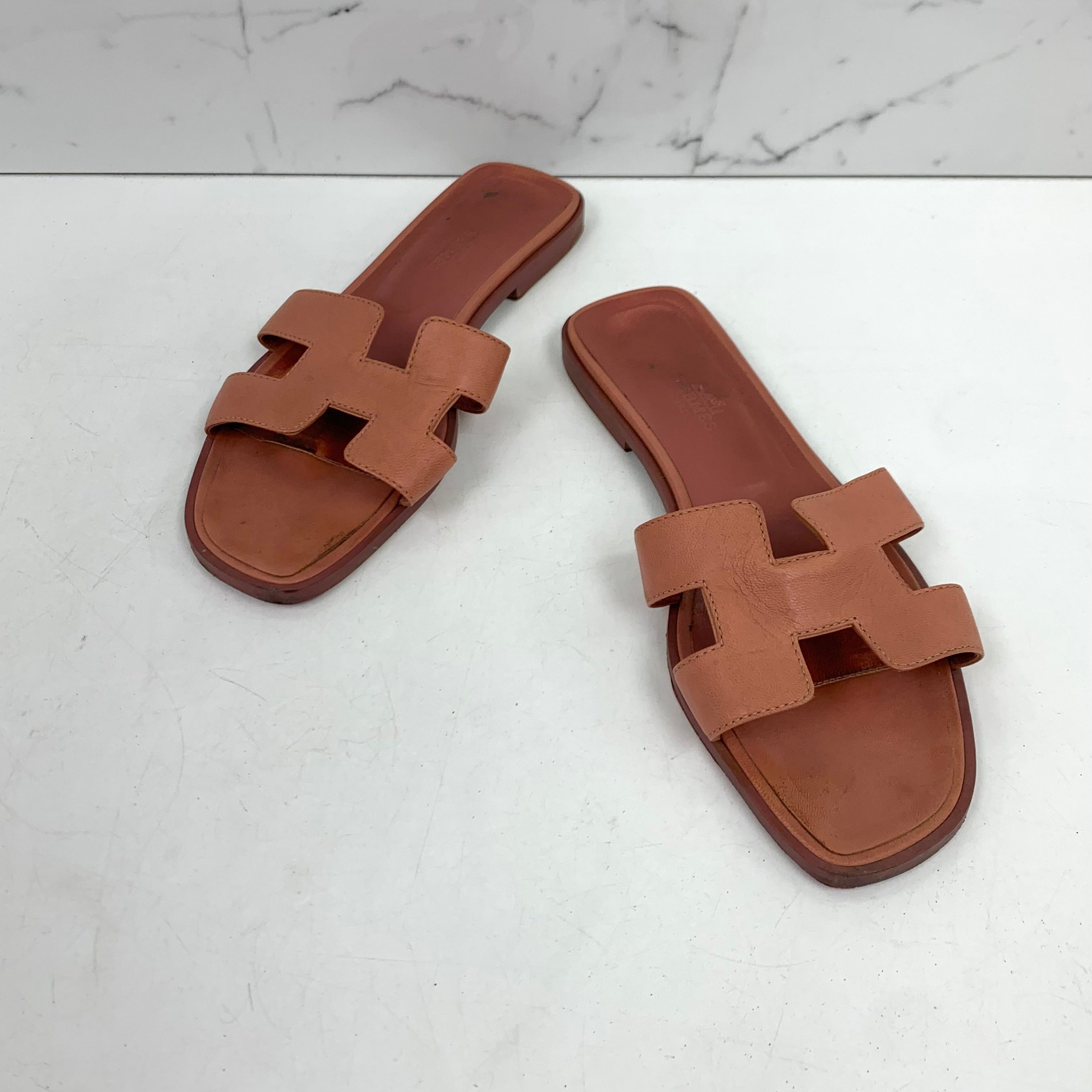 HERMES PINK LEATHER SHOES SANDALS ORAN PEACH #37.5